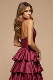 Bourgogne A-ligne à volants en V profond Robe de bal longue en satin avec fente