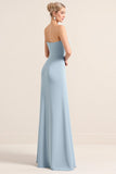 Robe de demoiselle d’honneur sans bretelles bleu poudré en satin extensible avec fente