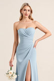 Robe de demoiselle d’honneur sans bretelles bleu poudré en satin extensible avec fente