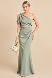 Matcha One Shoulder Sirène Robe de demoiselle d’honneur longue en satin