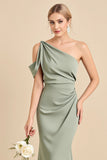 Matcha One Shoulder Sirène Robe de demoiselle d’honneur longue en satin