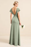 Matcha Fourreau Col en V Manches Longues Robe de demoiselle d’honneur avec fente