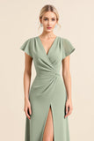 Matcha Fourreau Col en V Manches Longues Robe de demoiselle d’honneur avec fente