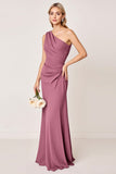 Vintage Mauve fourreau une épaule froncé longue robe de demoiselle d’honneur