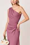 Vintage Mauve fourreau une épaule froncé longue robe de demoiselle d’honneur
