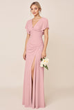 Candy Pink gaine col V à volants manches froncé longue robe de demoiselle d’honneur avec fente