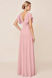 Candy Pink gaine col V à volants manches froncé longue robe de demoiselle d’honneur avec fente