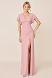 Candy Pink gaine col V à volants manches froncé longue robe de demoiselle d’honneur avec fente