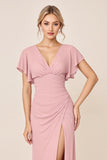 Candy Pink gaine col V à volants manches froncé longue robe de demoiselle d’honneur avec fente