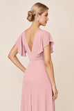 Candy Pink gaine col V à volants manches froncé longue robe de demoiselle d’honneur avec fente
