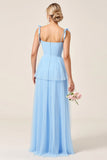 Robe longue de demoiselle d’honneur en tulle bleu ciel avec fente