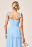 Robe longue de demoiselle d’honneur en tulle bleu ciel avec fente