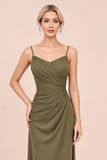 Olive spaghetti bretelles fourreau froncé longue robe de demoiselle d’honneur
