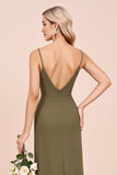 Olive spaghetti bretelles fourreau froncé longue robe de demoiselle d’honneur