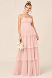 Robe de demoiselle d’honneur longue à volants sans bretelles rose bonbon