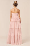 Robe de demoiselle d’honneur longue à volants sans bretelles rose bonbon
