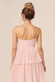 Robe de demoiselle d’honneur longue à volants sans bretelles rose bonbon