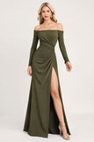 Olive Ruched Off The Shoulder Robe de demoiselle d’honneur longue à manches longues