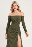 Olive Ruched Off The Shoulder Robe de demoiselle d’honneur longue à manches longues