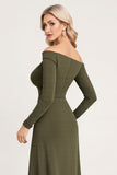 Olive Ruched Off The Shoulder Robe de demoiselle d’honneur longue à manches longues