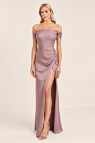 Robe de demoiselle d’honneur longue en satin mauve vintage à épaules dénudées avec fente