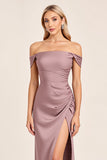 Robe de demoiselle d’honneur longue en satin mauve vintage à épaules dénudées avec fente