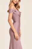 Robe de demoiselle d’honneur longue en satin mauve vintage à épaules dénudées avec fente