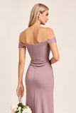 Robe de demoiselle d’honneur longue en satin mauve vintage à épaules dénudées avec fente