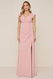 Robe de demoiselle d’honneur longue à col bénitier en mousseline de soie rose bonbon avec fente