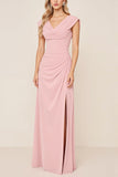 Robe de demoiselle d’honneur longue à col bénitier en mousseline de soie rose bonbon avec fente