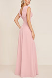 Robe de demoiselle d’honneur longue à col bénitier en mousseline de soie rose bonbon avec fente