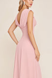 Robe de demoiselle d’honneur longue à col bénitier en mousseline de soie rose bonbon avec fente