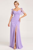 Robe de demoiselle d’honneur longue en mousseline de soie lilas avec fente