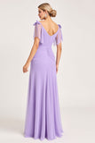 Robe de demoiselle d’honneur longue en mousseline de soie lilas avec fente