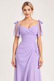 Robe de demoiselle d’honneur longue en mousseline de soie lilas avec fente