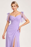 Robe de demoiselle d’honneur longue en mousseline de soie lilas avec fente