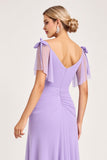 Robe de demoiselle d’honneur longue en mousseline de soie lilas avec fente