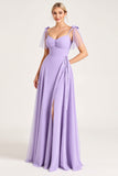 Mousseline de soie lilas Une ligne nouée Bretelles Robe longue de demoiselle d’honneur avec fente