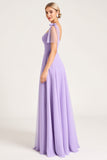 Mousseline de soie lilas Une ligne nouée Bretelles Robe longue de demoiselle d’honneur avec fente