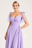 Mousseline de soie lilas Une ligne nouée Bretelles Robe longue de demoiselle d’honneur avec fente