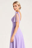 Mousseline de soie lilas Une ligne nouée Bretelles Robe longue de demoiselle d’honneur avec fente