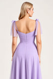 Mousseline de soie lilas Une ligne nouée Bretelles Robe longue de demoiselle d’honneur avec fente