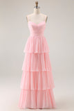 Blush Pink A Ligne Tiered Cloth Longue Robe de demoiselle d’honneur avec volants