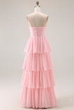 Blush Pink A Ligne Tiered Cloth Longue Robe de demoiselle d’honneur avec volants