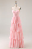 Blush Pink A Ligne Tiered Cloth Longue Robe de demoiselle d’honneur avec volants