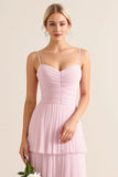 Bretelles spaghetti rose bonbon Une ligne à volants Robe de demoiselle d’honneur longue
