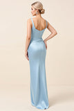 Robe de demoiselle d’honneur longue fourreau froncé en satin bleu ciel