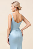 Robe de demoiselle d’honneur longue fourreau froncé en satin bleu ciel