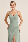 Matcha gaine longue spaghetti bretelles robe de demoiselle d’honneur avec fente