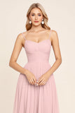 Mousseline de soie rose bonbon Une ligne spaghetti bretelles Robe longue de demoiselle d’honneur
